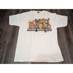Oneita Vintage Cats Band T-Shirt Novelty Graphic Tee White‎ X Large (Read)